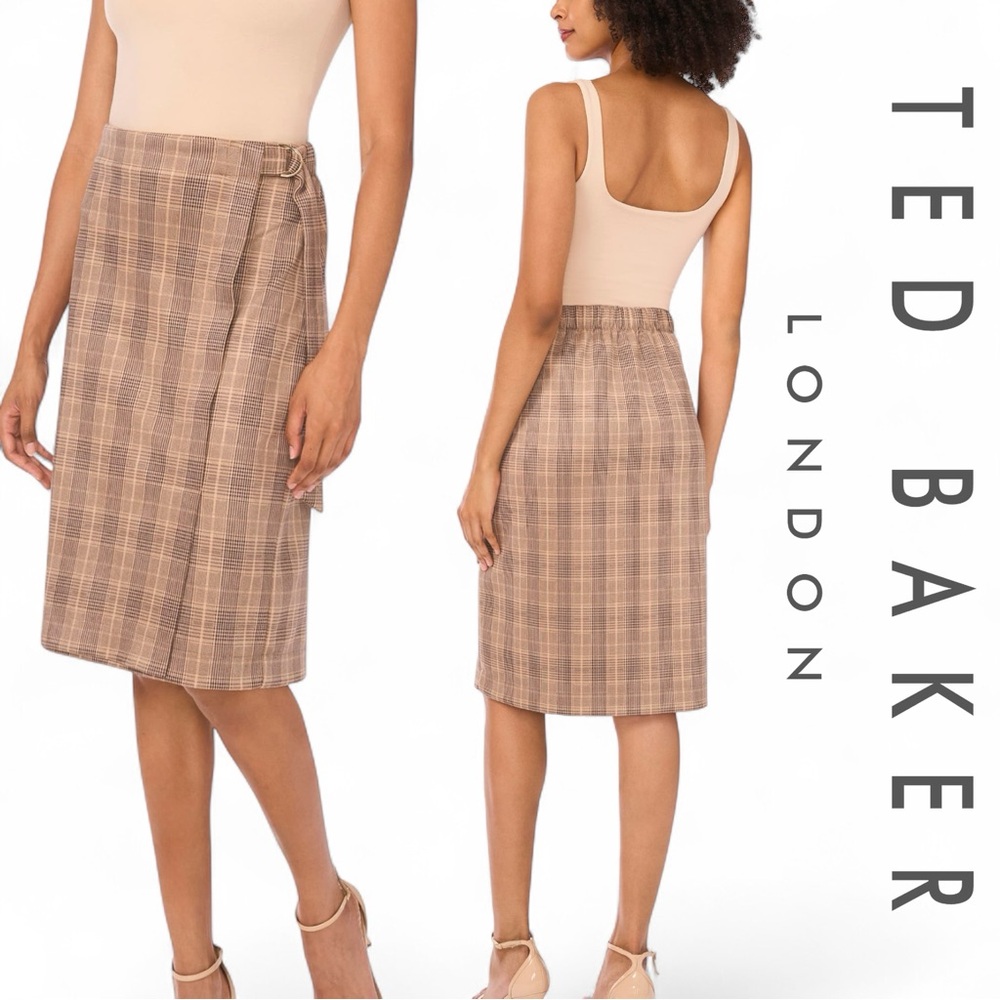 Ted Baker Plaid Faux Wrap A-Line Skirt Women Beige Check Size L NWT